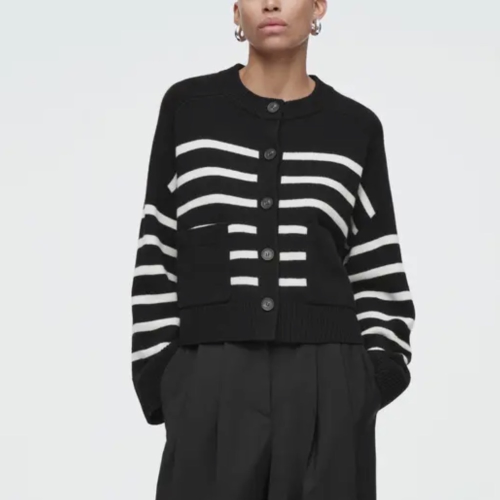 COS Black and White Striped Boxy Cropped Cardigan